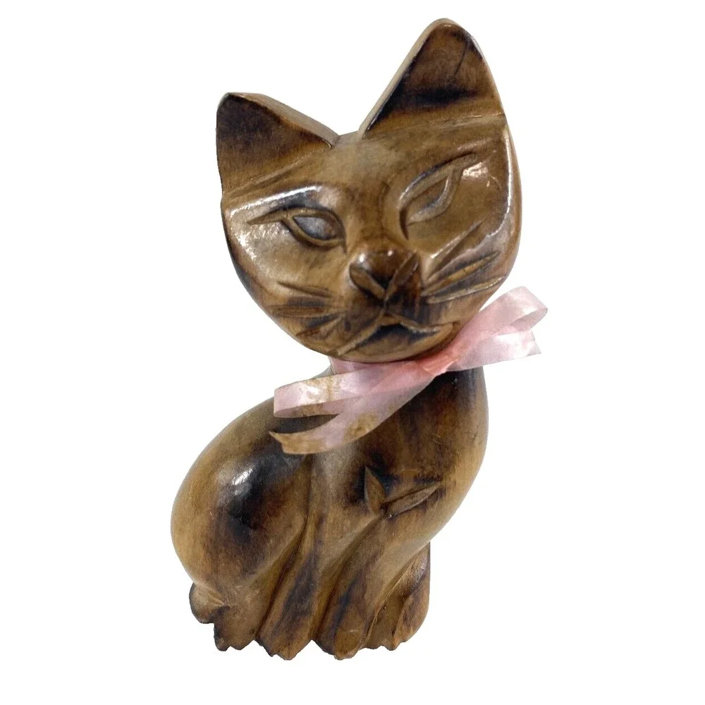 Carved Wood Cat Figurine Statue MCM Vintage 6